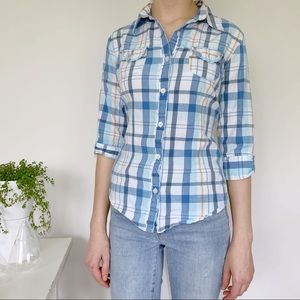 Blue and White Plaid Blouse Flannel